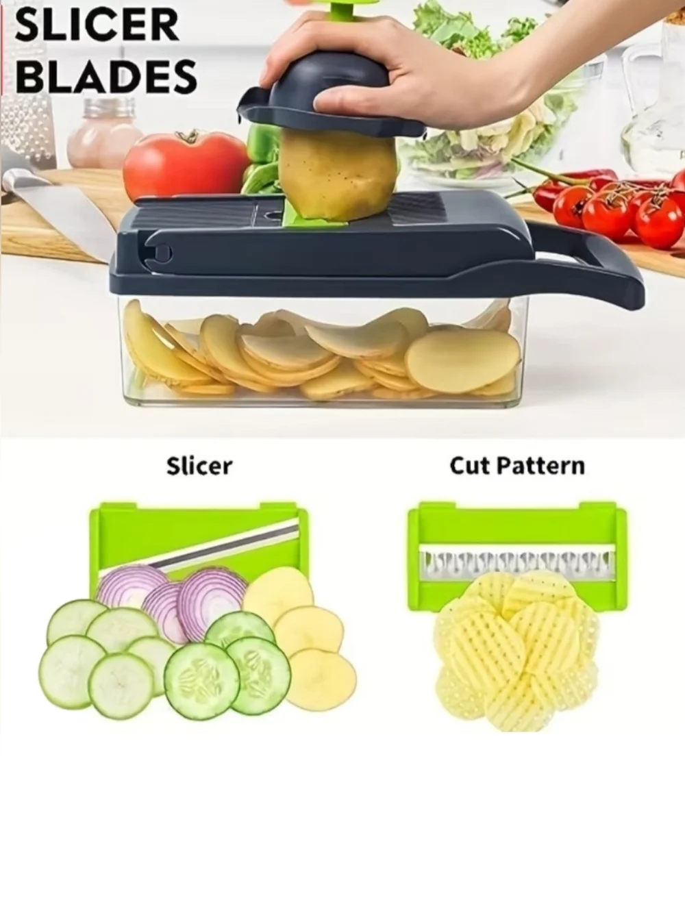 NEW 14 In 1 Manual Plastic Vegetable Chopper/Slicer/Dicer/Cutter With Container